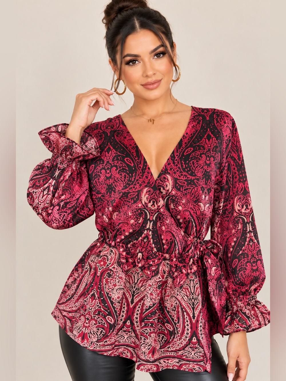 VENUS Burgundy Pink Paisley Wrap Blouse